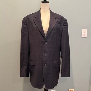 Sean John Fine Tailoring Wool Navy Windowpane Three Button Blazer 44L